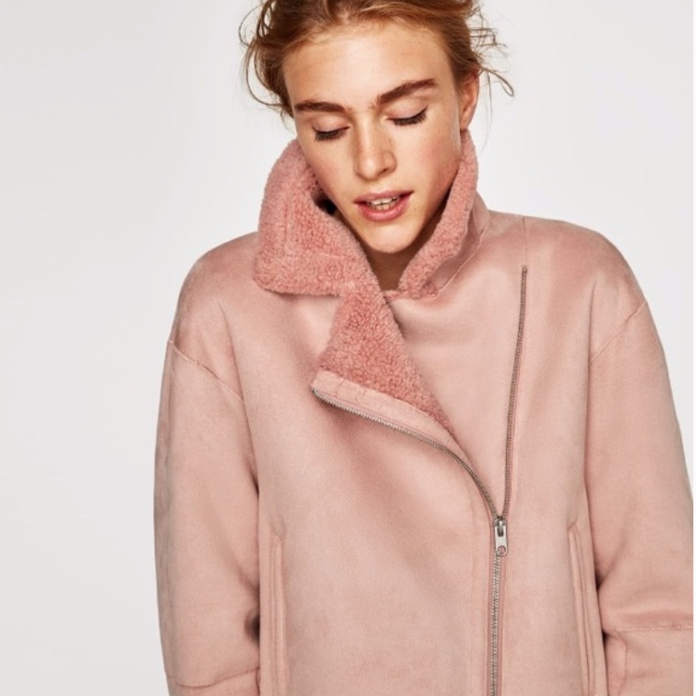 ZARA Cropped Jacket Suede Effect Faux Sherpa- Pink - Picture 3 of 5
